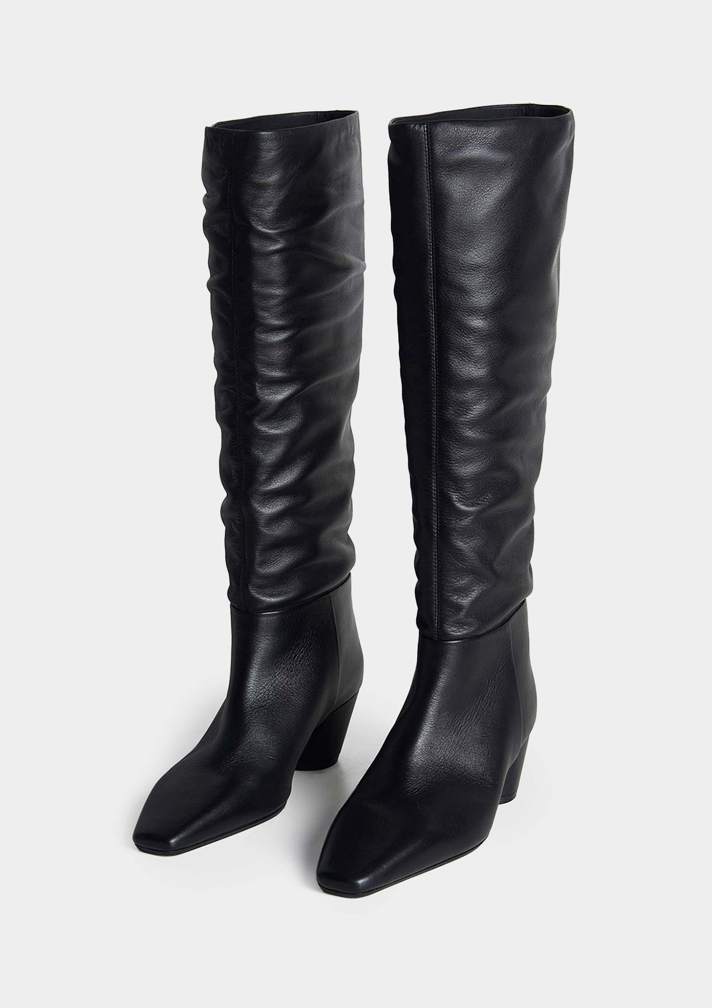 Leather High Boot with Square Heel - Black