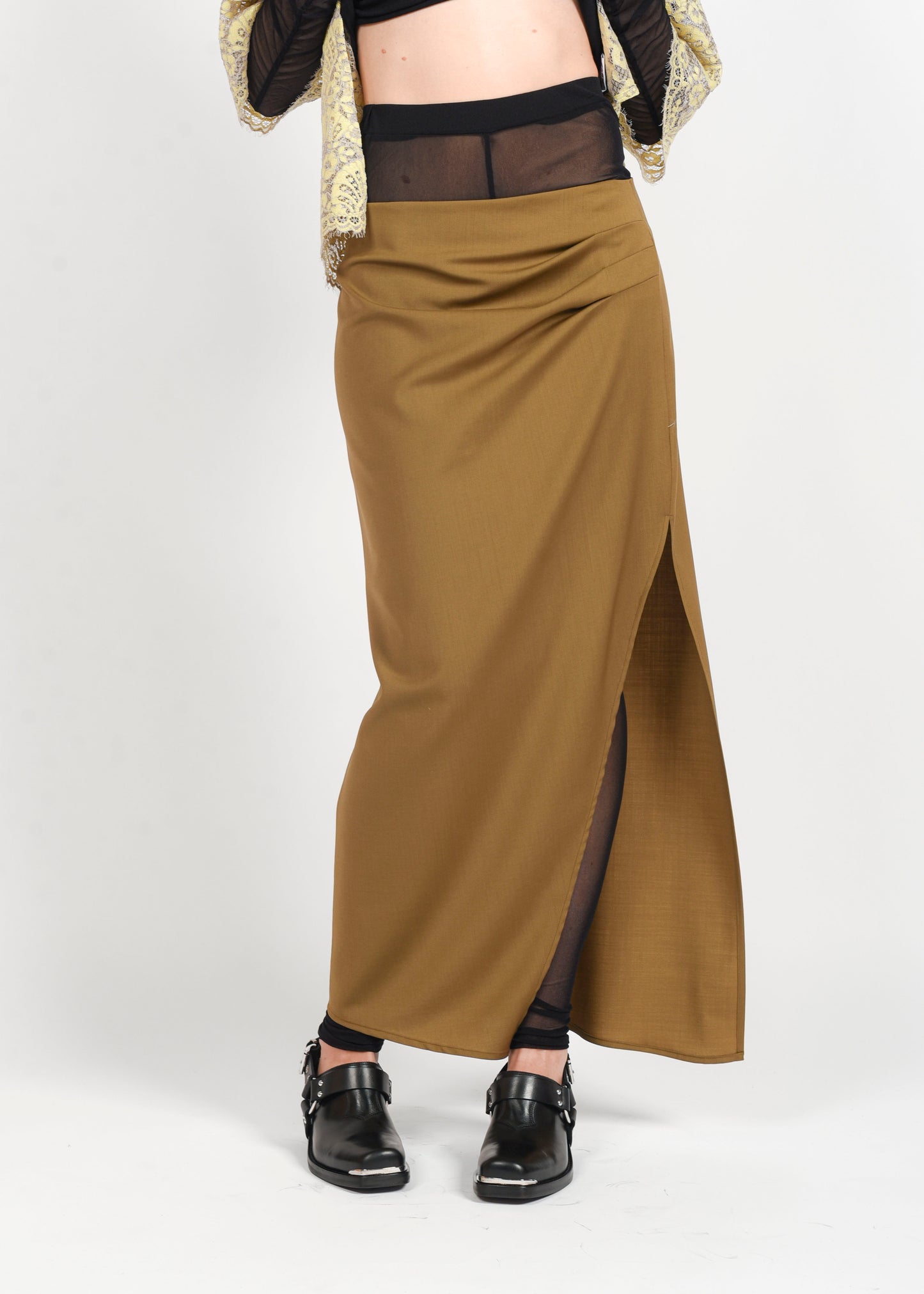 Long Wool Pencil Skirt - Olive Oil