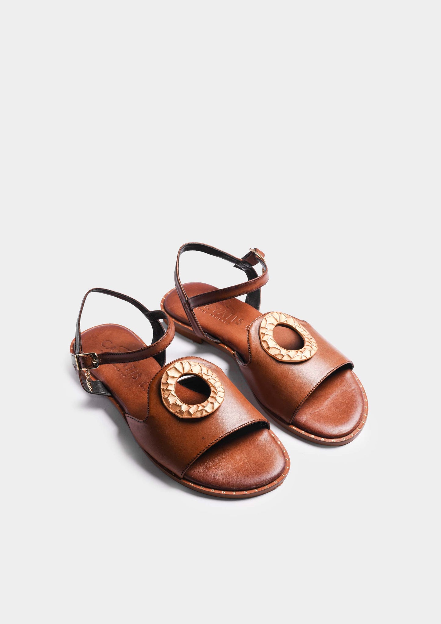 Leather Sandals with Metal Ring - Brown Gold