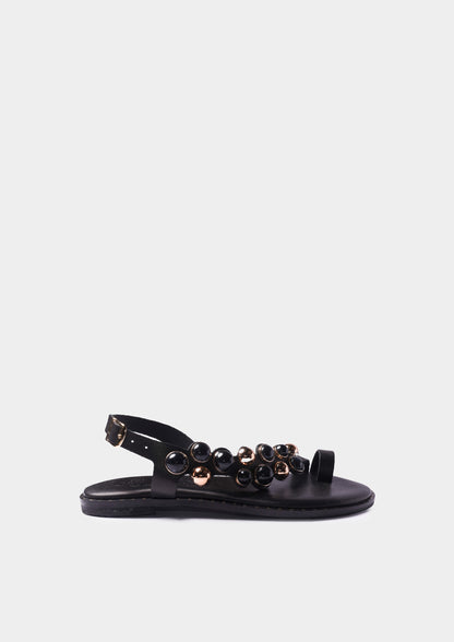Leather Sandals with Studs - Black