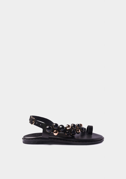 Leather Sandals with Studs - Black