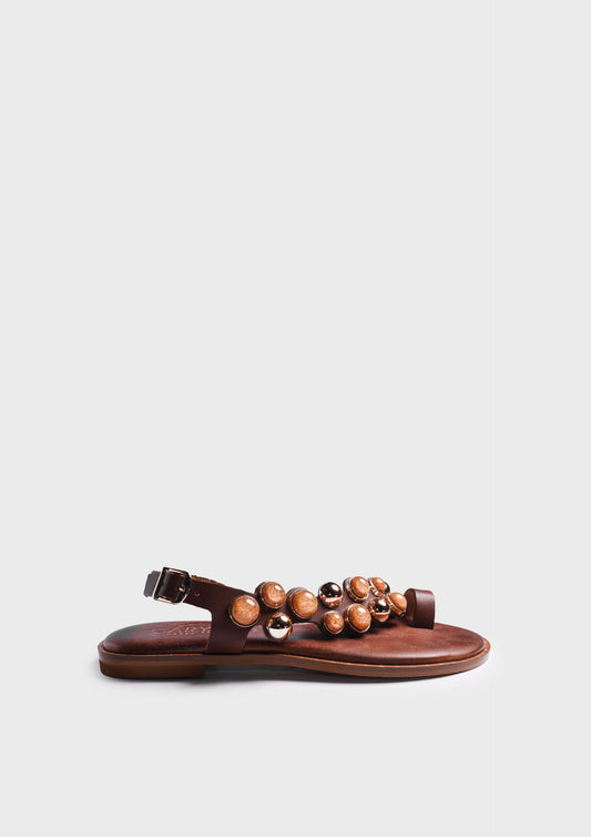 Leather Sandals with Studs - Brown