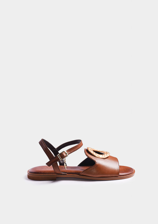 Leather Sandals with Metal Ring - Brown Gold