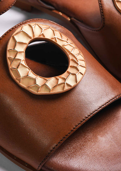 Leather Sandals with Metal Ring - Brown Gold
